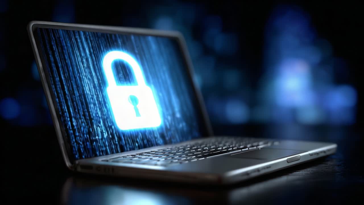 A Close-Up Look at a Laptop Displaying a Digital Lock Symbol, Representing Cybersecurity and Data Protection in the Modern Technological Era