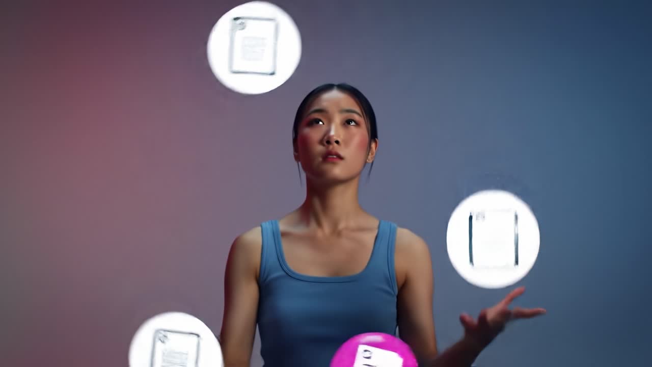 A woman demonstrates her multitasking skills by juggling various digital representations in a modern workspace. Bright colors create an engaging atmosphere while showcasing productivity.