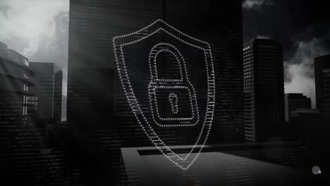 animation of padlock icon over cityscape