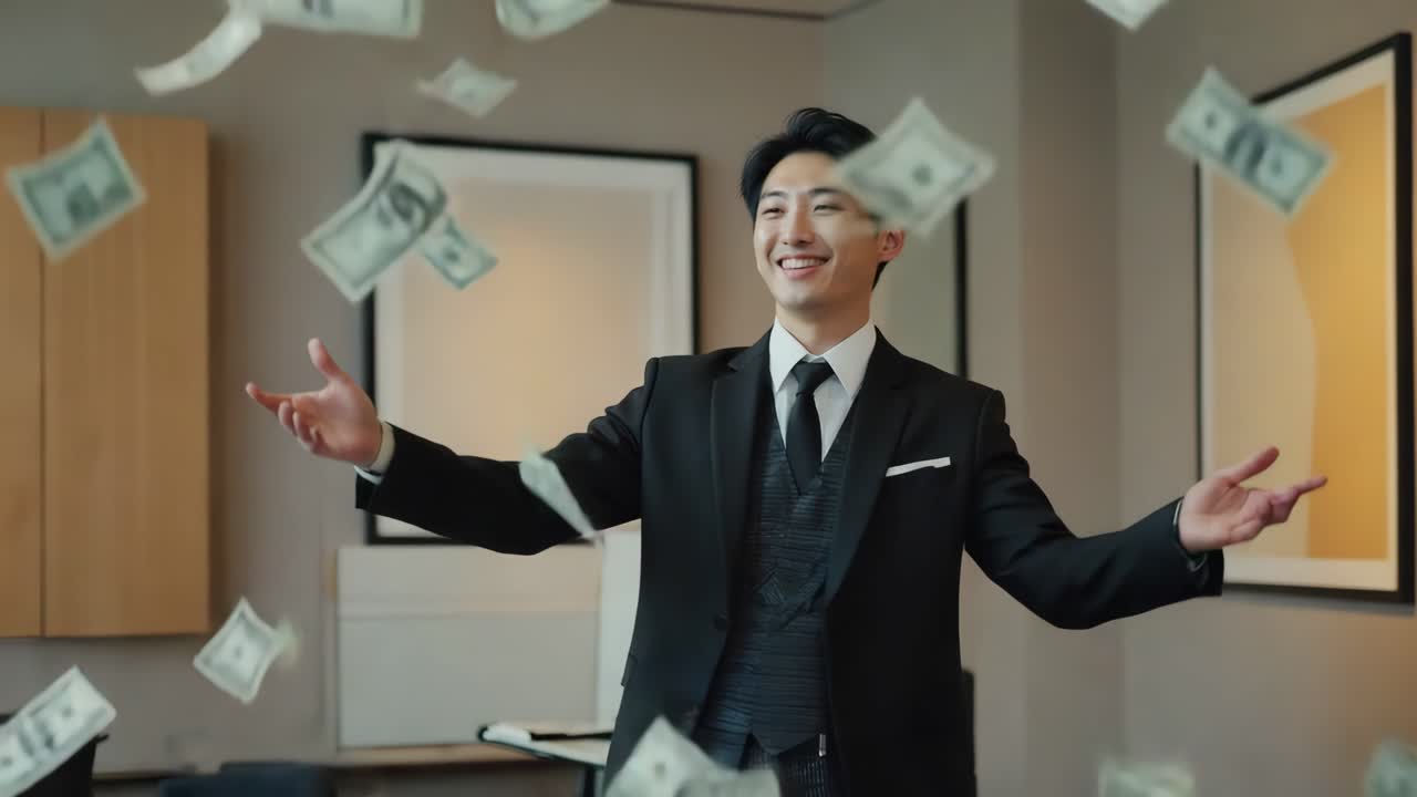 Man in suit with falling money