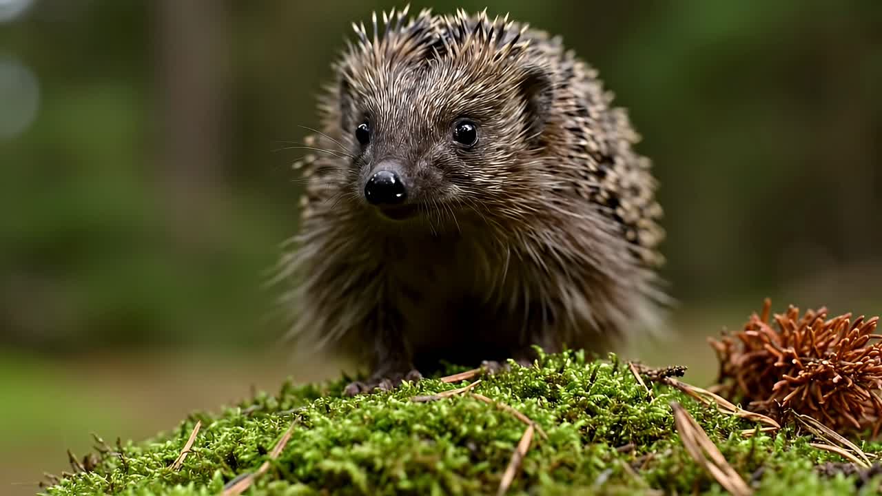 Süßer europäischer Igel auf grünem Moos in einem Wald