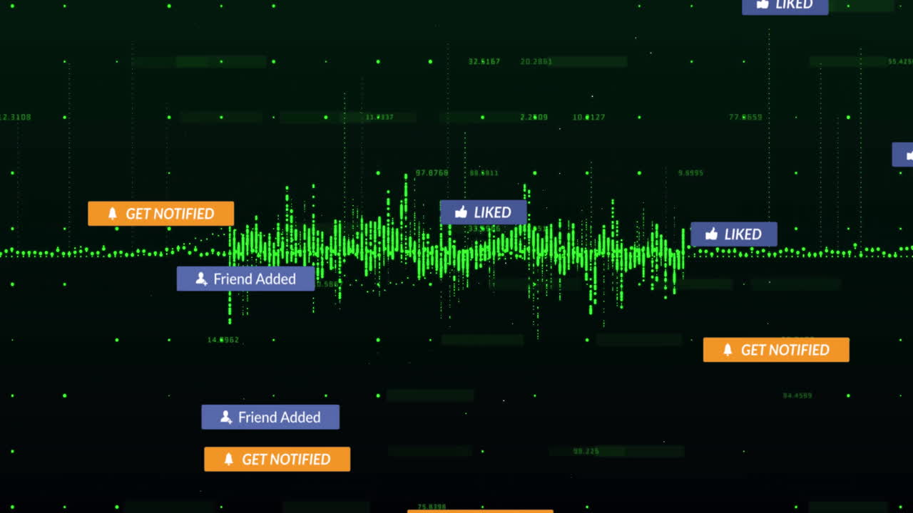 Neon green waveform being animated in 3D across cyberspace, floating UI banners adding flow