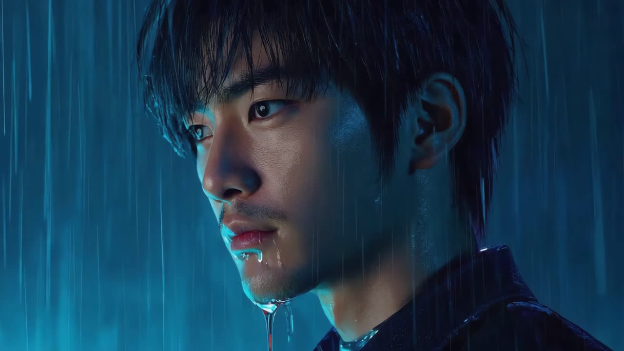 Dramatic Portrait of a Wet Asian Man