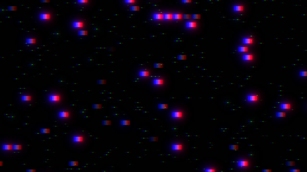 Pixel arcobaleno digitali casuali con glitch su schermo nero