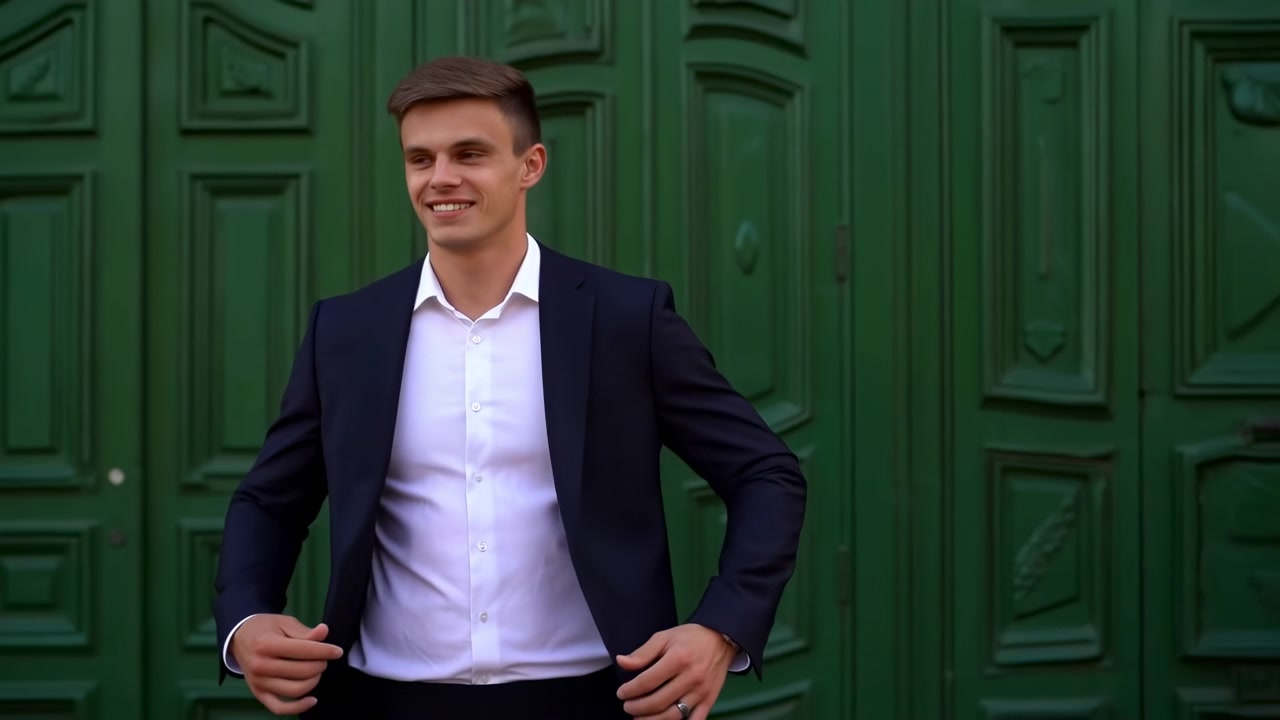Ritratto a figura intera di un giovane uomo che indossa una giacca blu navy aderente e una camicia bianca, in piedi leggermente a sinistra del centro davanti a una superficie di legno verde opaco intagliato
