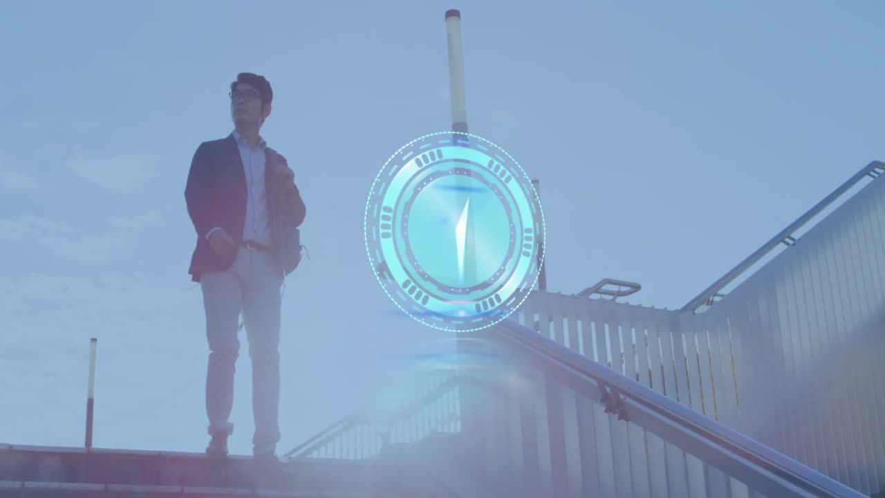 Businessman descending stairs, interacting with holographic Nike interface in marketing technology