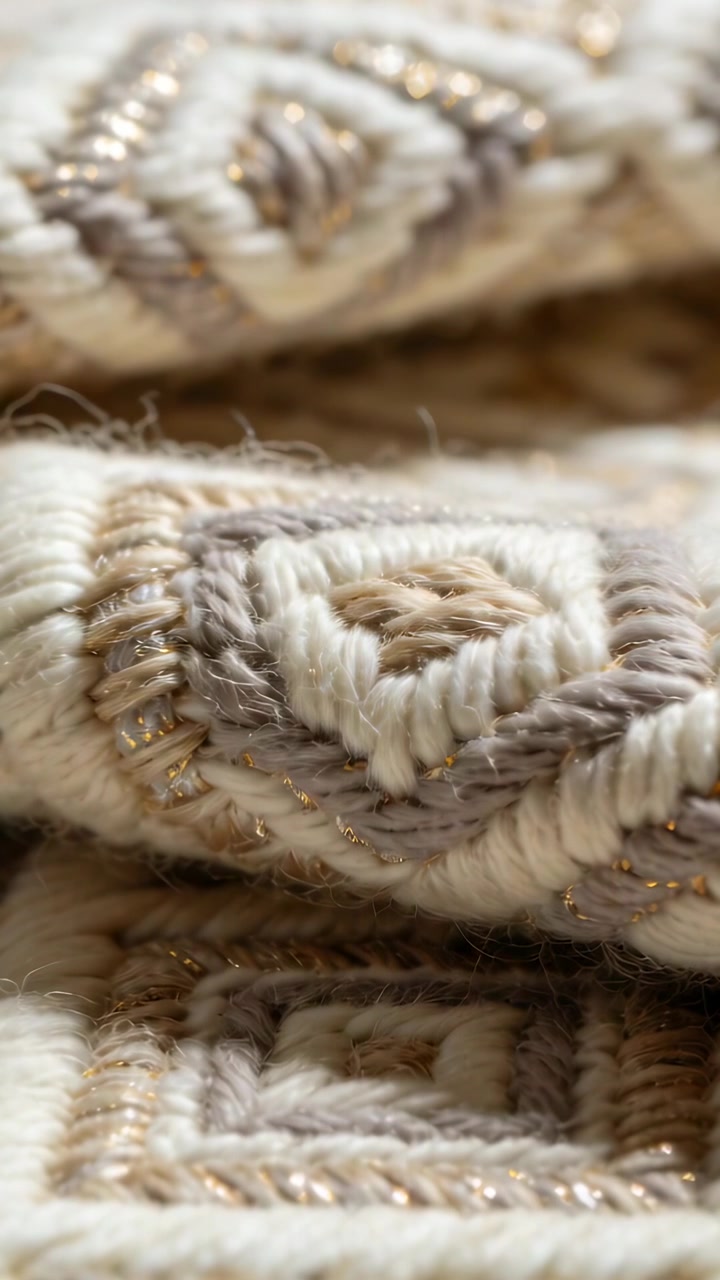 Video vertical: Cámara moviéndose revelando un textil bordado en casa, destacando hilos dorados.