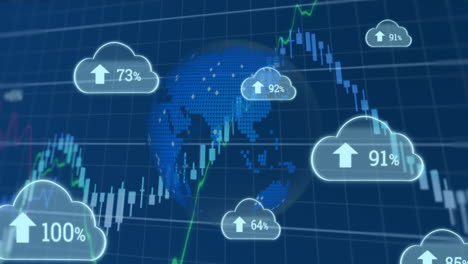 animación de nubes con porcentaje y procesamiento de datos sobre el globo