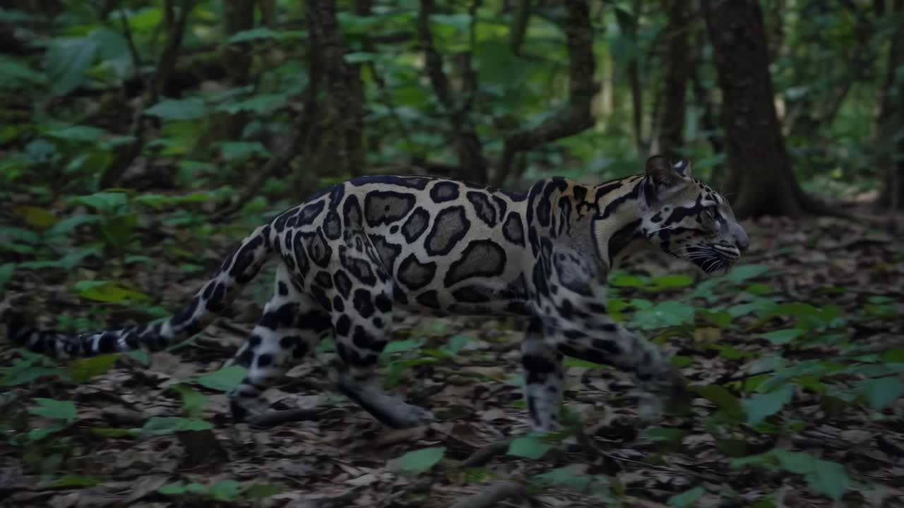 A low-angle video captures a clouded leopard stealthily walking through a dense, leafy forest