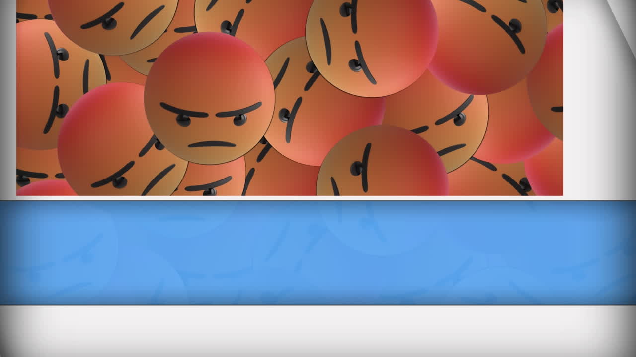 Digital animation of abstract blue shapes over multiple angry face emojis