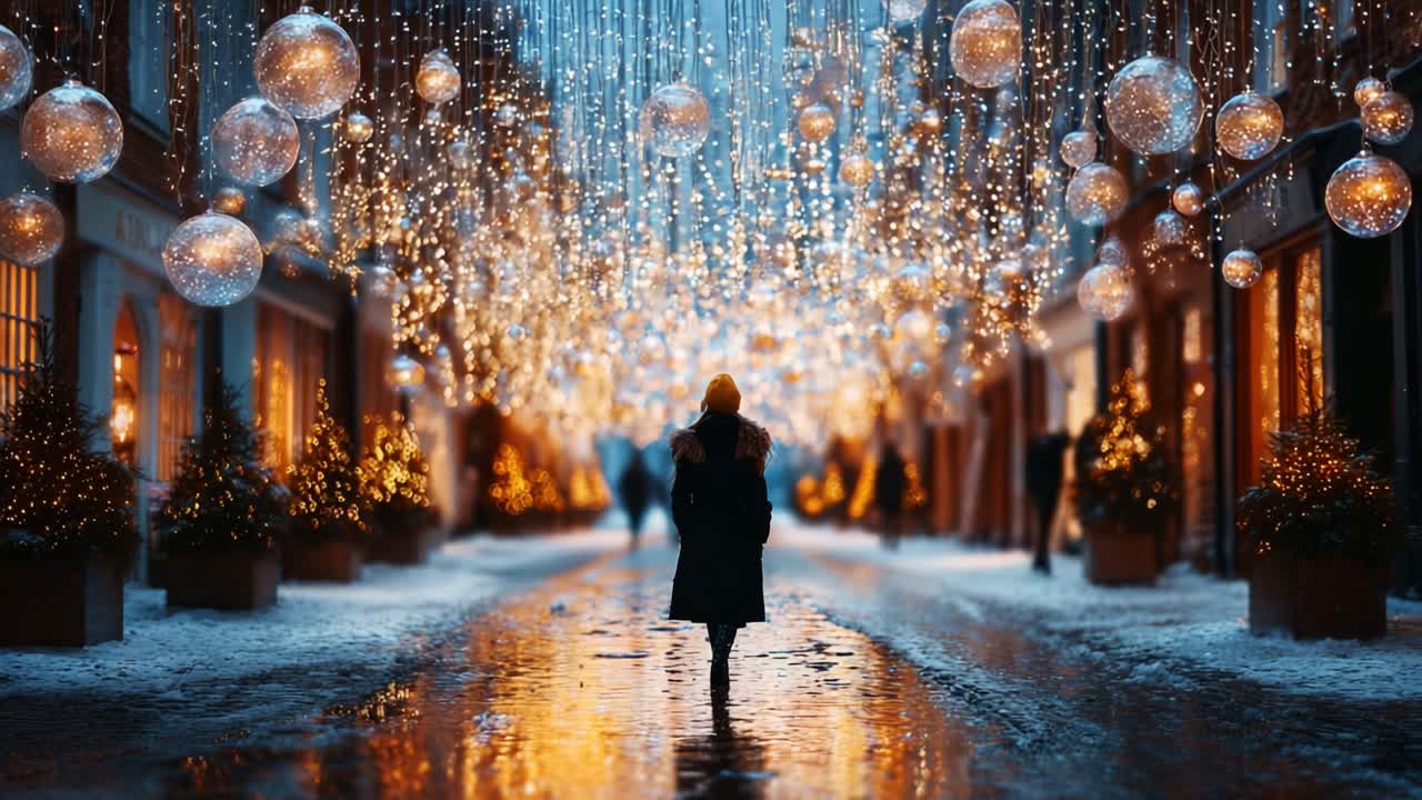 A Mesmerizing Winter Evening Featuring a Dazzling Street Decorated with Glittering Orbs and Twinkling Lights, Capturing the Essence of Seasonal Celebration and Magic