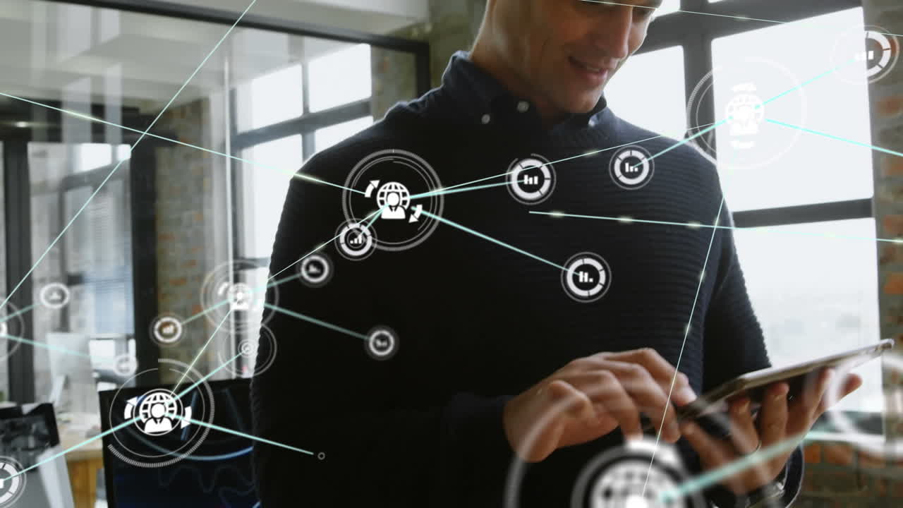 animación de la red de conexiones con iconos sobre el hombre de negocios que usa la tableta