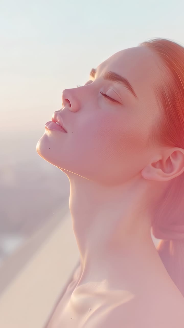 Vertical video: Breathing deeply woman standing at rooftop balcony ledge with distant city skyline