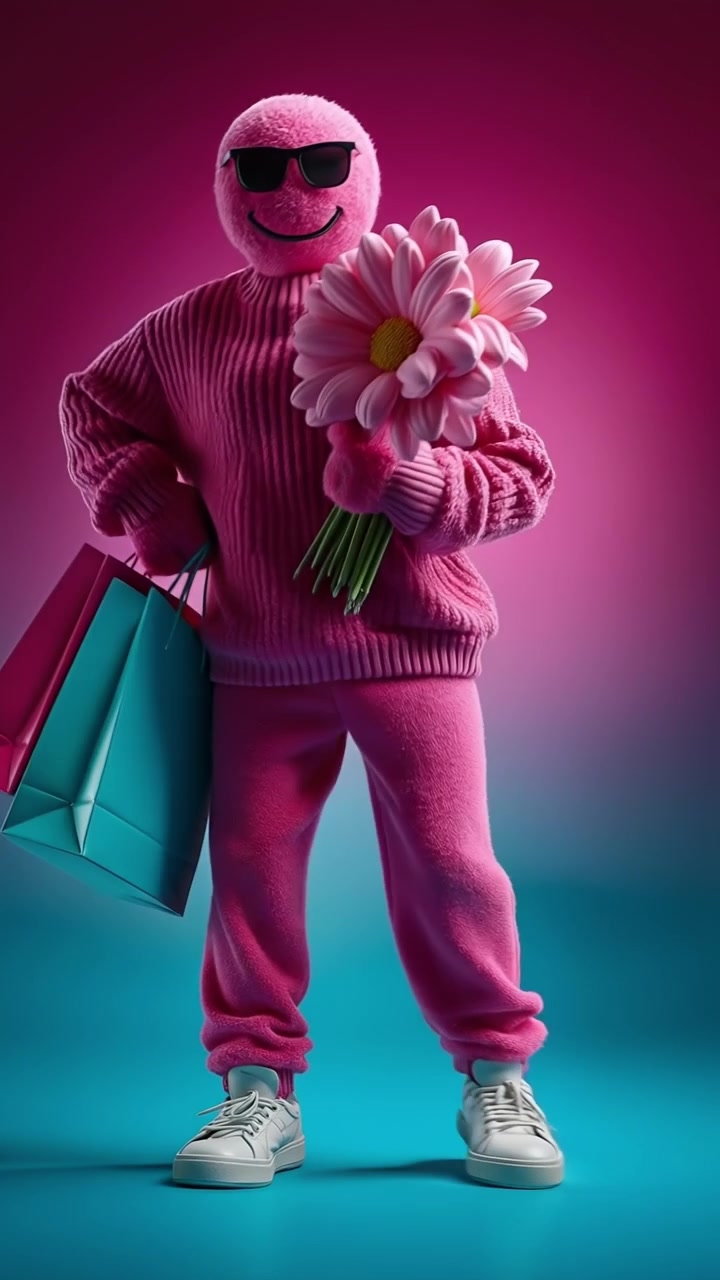 Personaggio soffice rosa vivace con borse della spesa e un bouquet di fiori