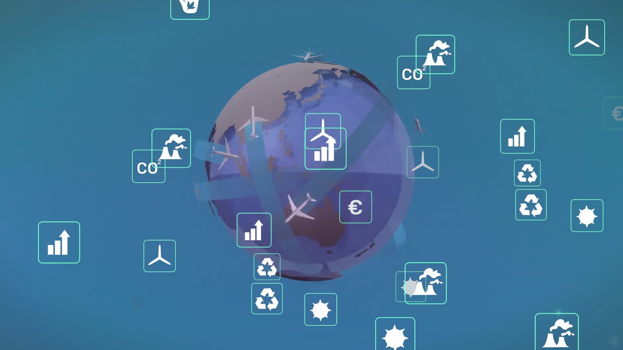 파란색 배경에 비행기와 함께 지구상의 아이콘의 애니메이션