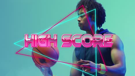 animación del texto de puntaje alto sobre el patrón de neón y el jugador de baloncesto biracial