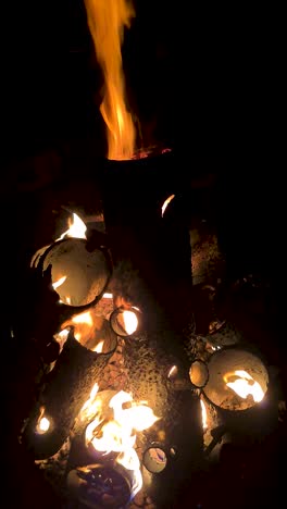 Vertical-Video-of-Outdoor-Fire-Pit-With-Burning-Gas-in-Cold-Winter-Night