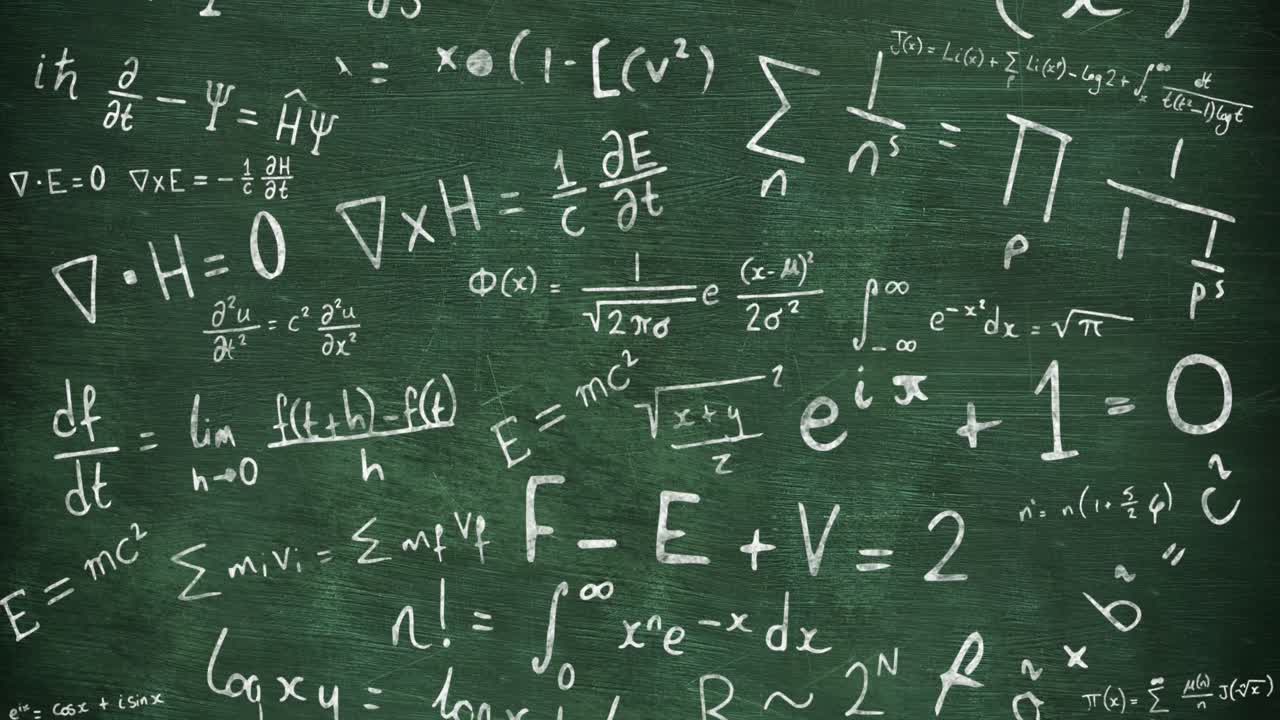 animación de ecuaciones matemáticas de desplazamiento escritas con tiza en la pizarra