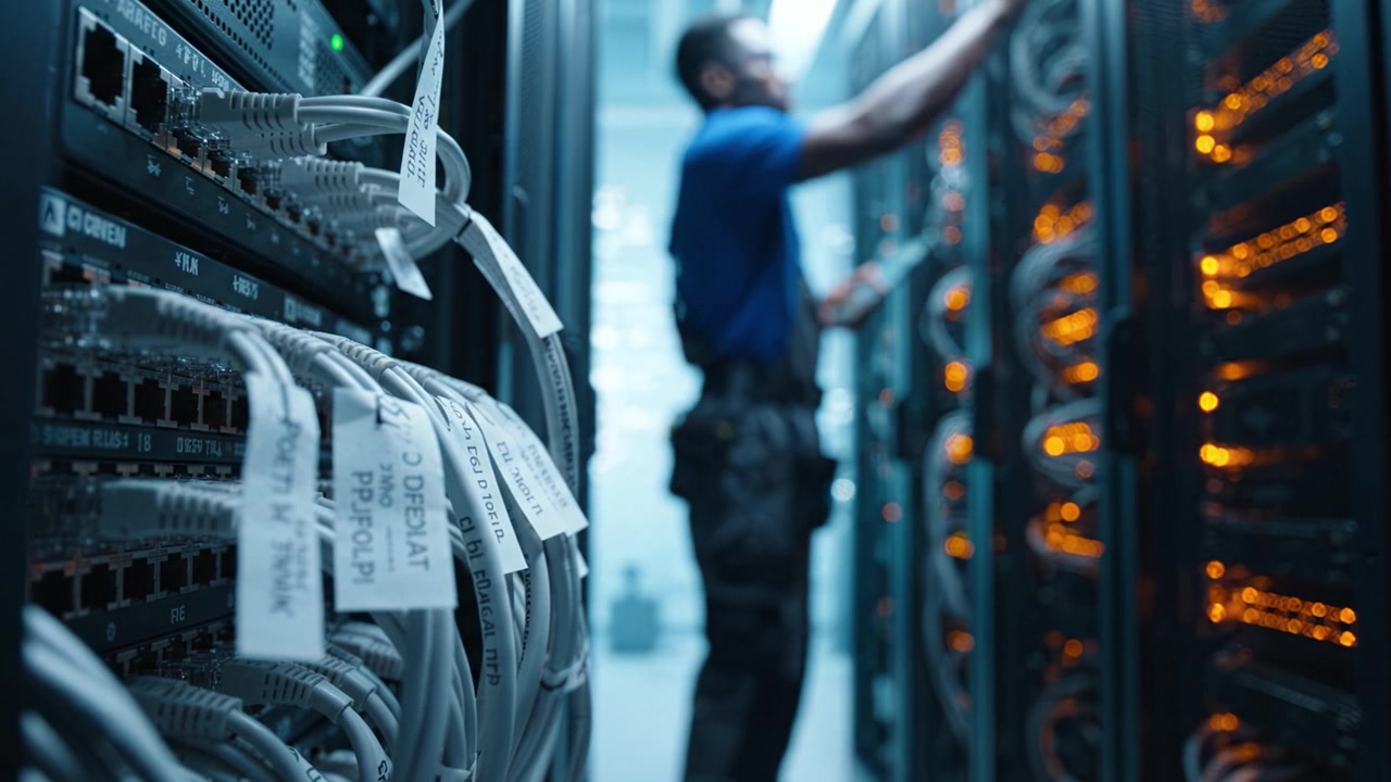 Technician Working in a Server Room: An Insight into Data Management and Network Connectivity in a High-Tech Environment