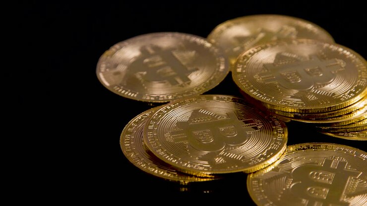Bitcoin fatti d'oro che girano su sfondo scuro, riprese 4k rotanti di criptovaluta