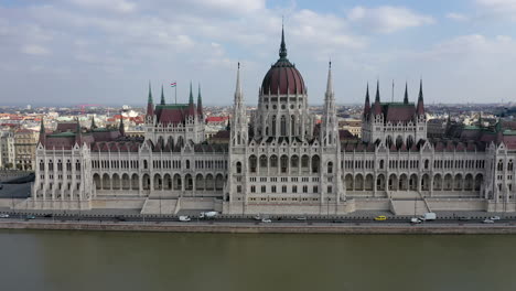 aerial view parliament building and danube river in budapest, cloudy day