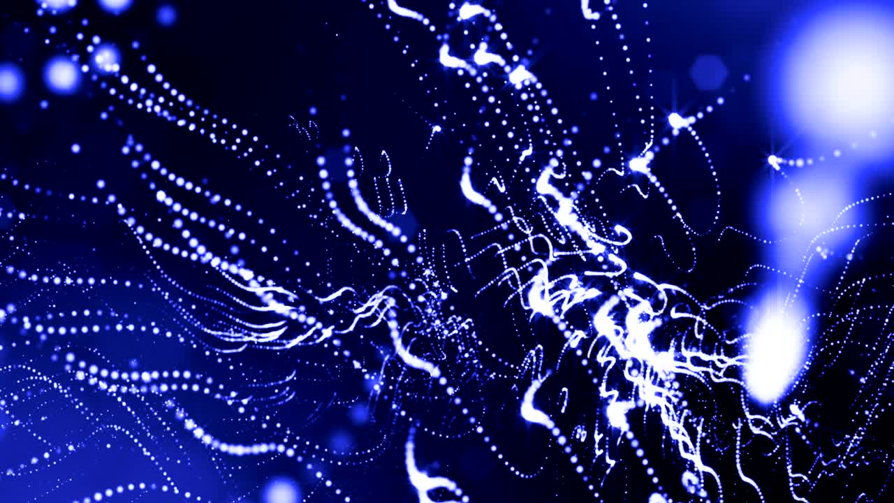 la animación de bucle de renderizado 3d de las partículas de brillo forma líneas oscilantes como guirnalda oscilante como fondo festivo o fondo abstracto de partículas con profundidad de campo y bokeh como bucle vj. azul 10