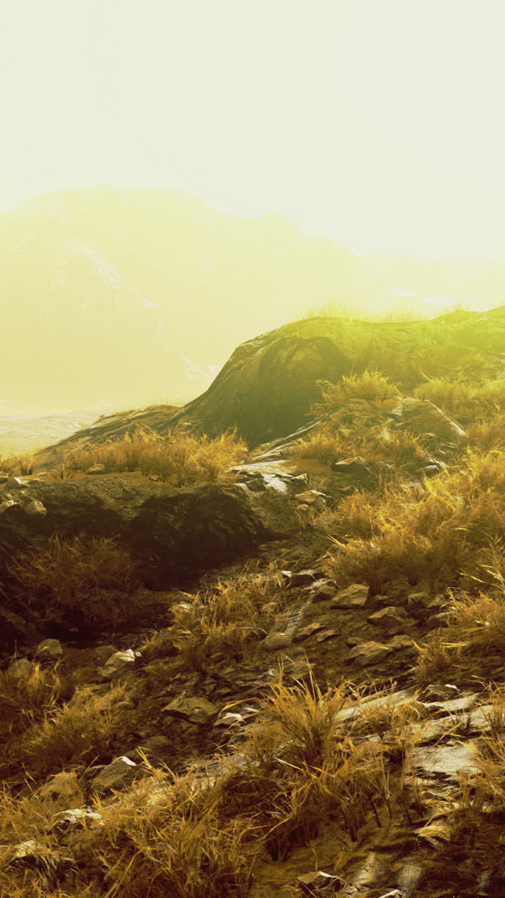 Vast golden landscape with rocky terrain and distant mountains at sunset