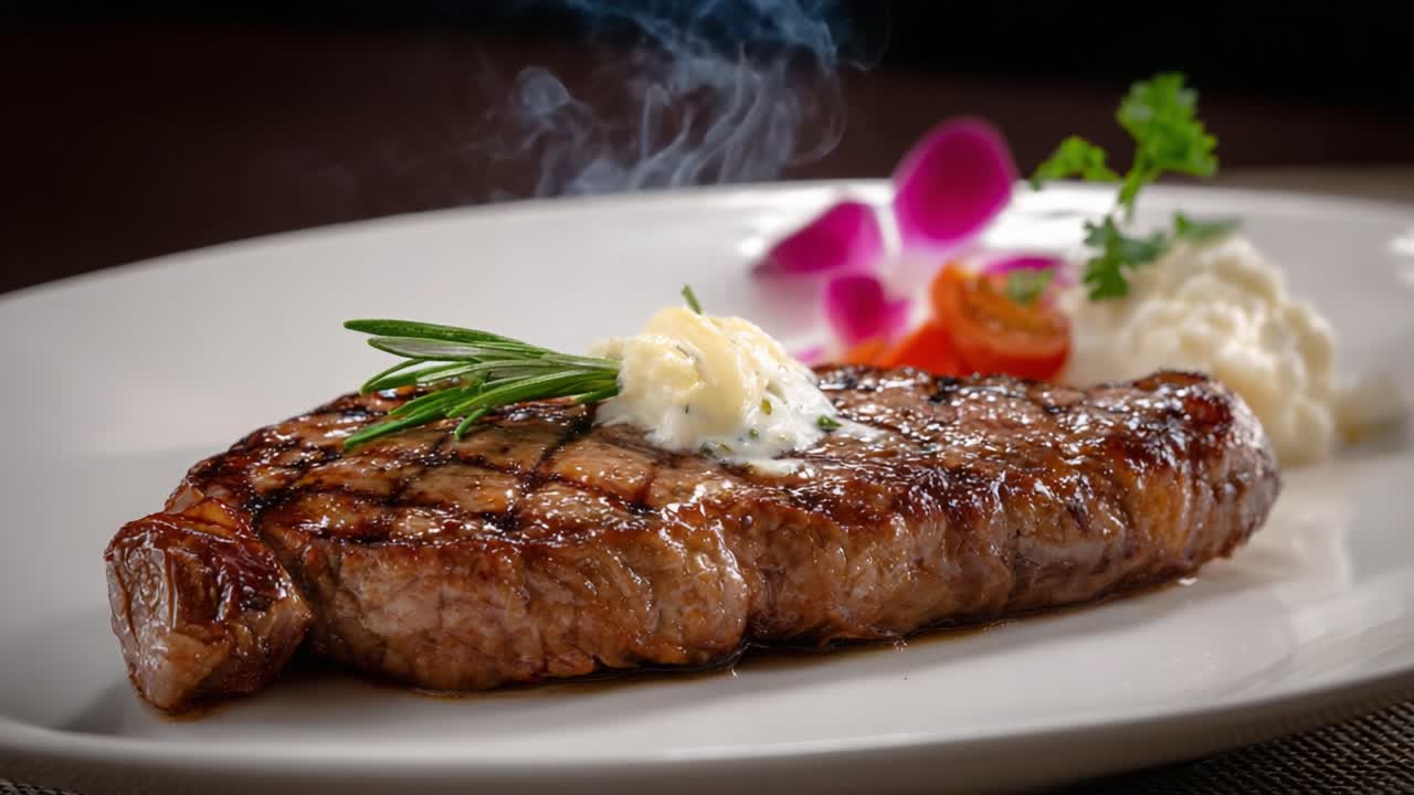 A Perfectly Grilled Steak Served with Creamy Butter, Fresh Herbs, and Colorful Garnishes, Capturing the Essence of Culinary Excellence on a Plate
