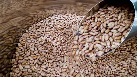 Slow-motion-of-picking-raw-red-kidney-beans-with-mug,-from-container-at-the-supermarket