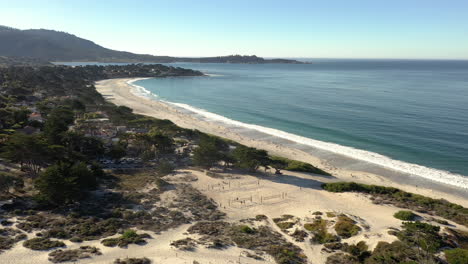 Beautiful-Carmel-sunset-beach,-California,-birdseye-view