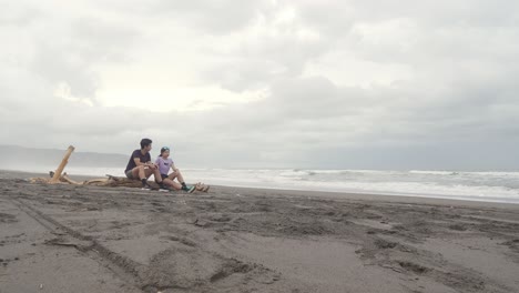couple relaxing on driftwood at the beach