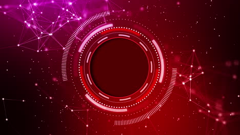 round animated hud element on red background with plexus lines and dots. technological screensaver with copy space for text. looped abstract animation.
