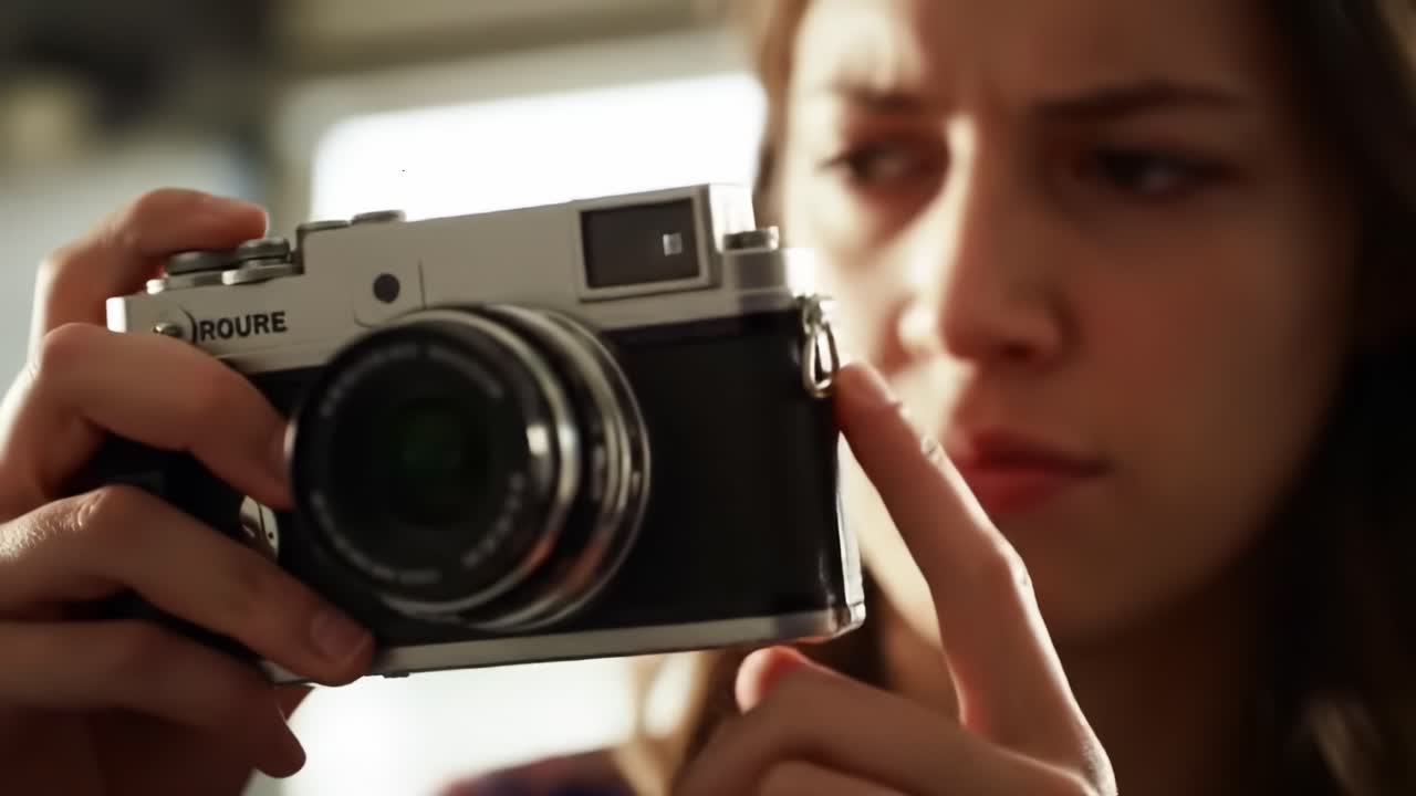 A young woman carefully examines her vintage camera while preparing to capture unique urban scenes. Her concentration reflects her passion for photography, set against a lively city backdrop.
