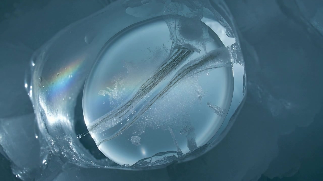 Luce mutevole che rivela una sfera traslucida in ghiaccio blu fratturato, mostrando venature, gocce di fusione e arcobaleno