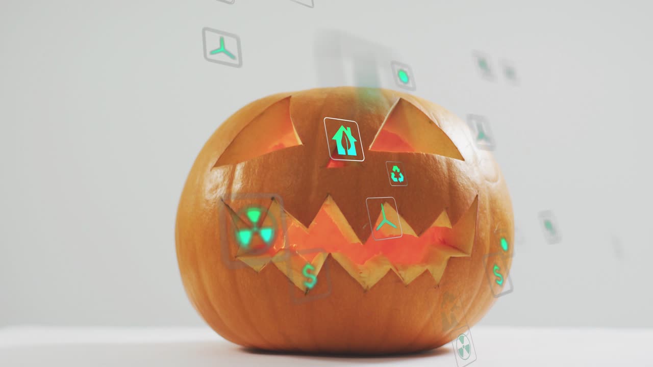 Icone verdi traslucide che appaiono e fluttuano intorno a una zucca intagliata, creando contrasto