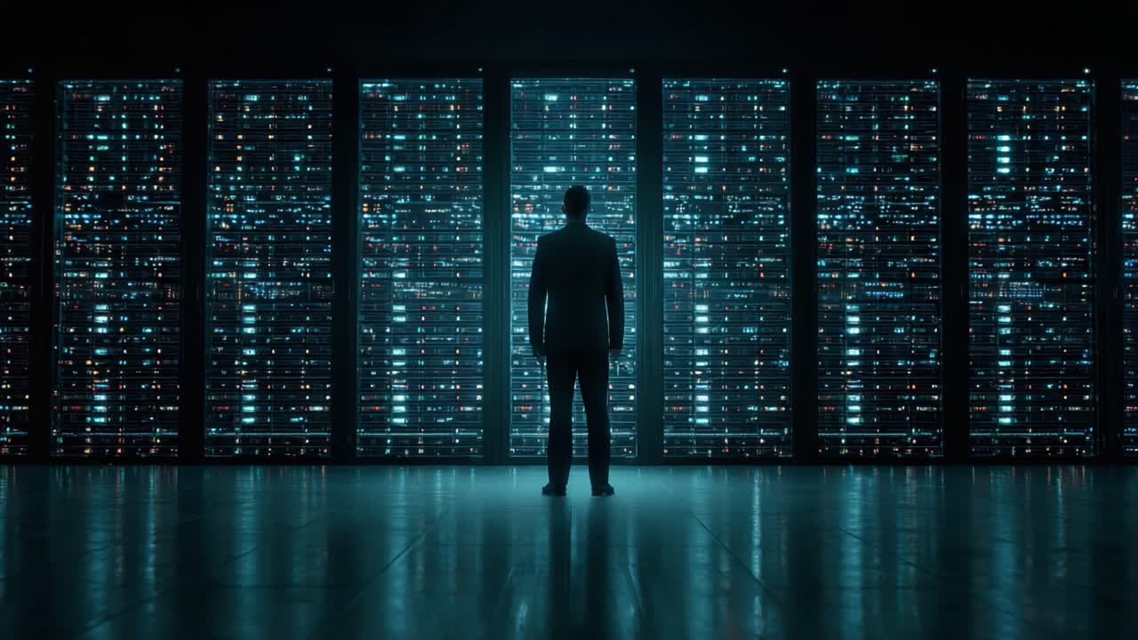 Exploring the Depths of Digital Transformation: A Solitary Figure Reflecting on the Futuristic Data Center's Luminescence and Complexity