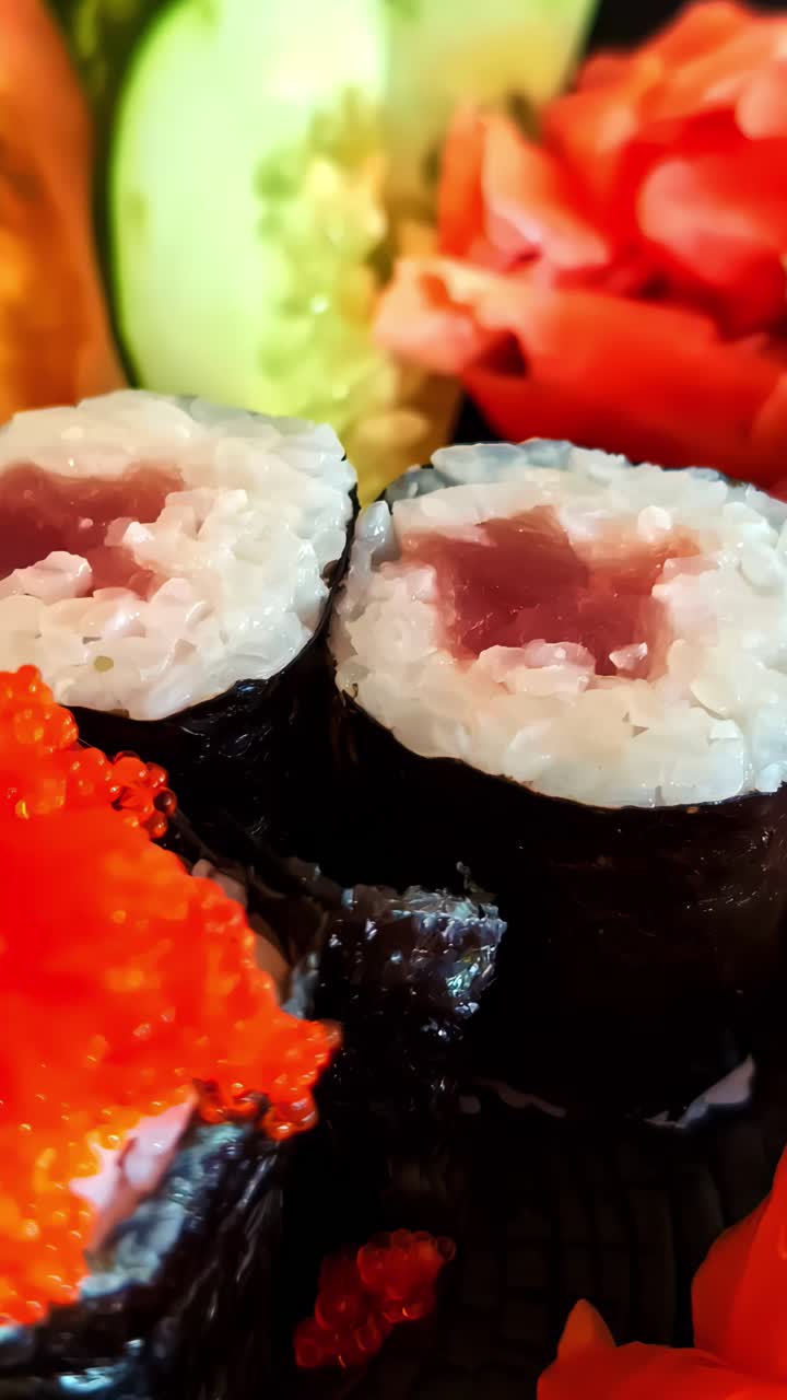 Foto makro berbagai sushi dan nigiri udang yang diberi tobiko, disajikan dengan sayuran segar di Ubud, Bali