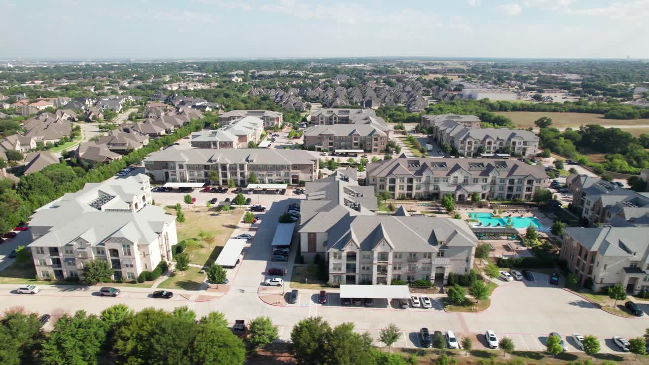 Aerial footage of the Atherton apartment complex in Frisco, Texas located at 8655 Brookhollow Blvd, Frisco, TX 75034. Camera pans left to right