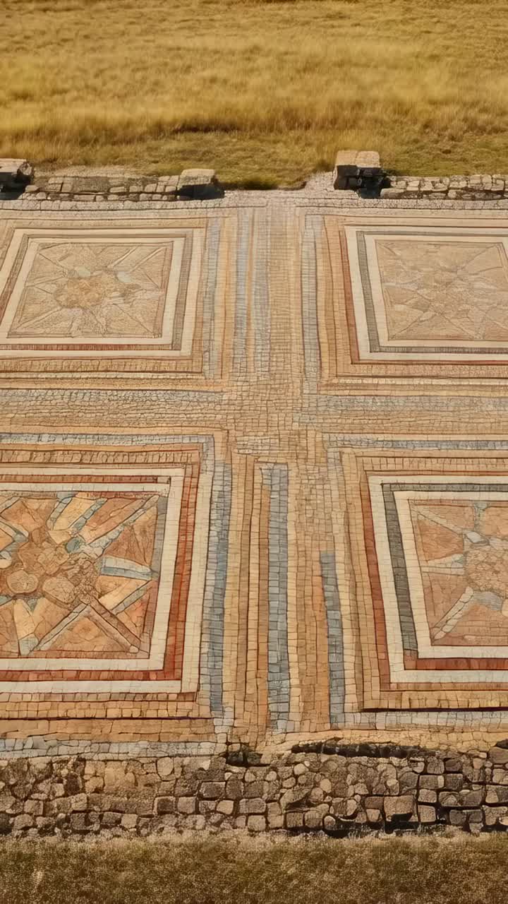Video verticale: drone in discesa che rivela un mosaico a quattro pannelli in un rudere, che mostra i dettagli delle piastrelle e il muro