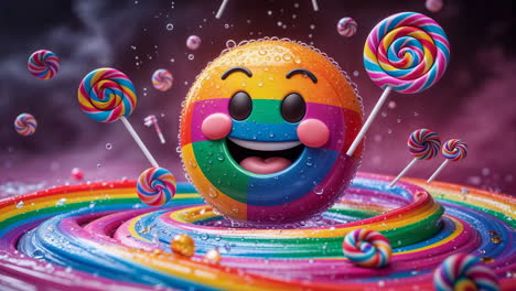 vibrant rainbow emoji surrounded by lollipops and candy swirls