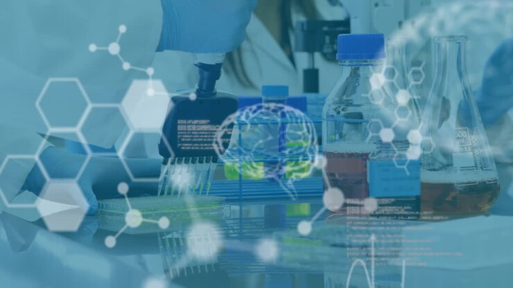 Animation of chemical formula and data processing over scientists doing experiment