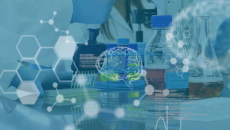 animación de la fórmula química y el procesamiento de datos sobre los científicos que hacen experimentos