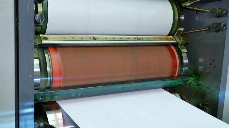 Envelopes being printed in a big factory, conveyor belt