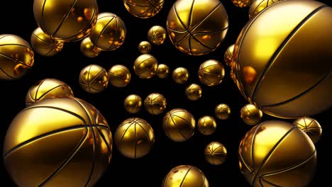 many gold basketball balls on black background.