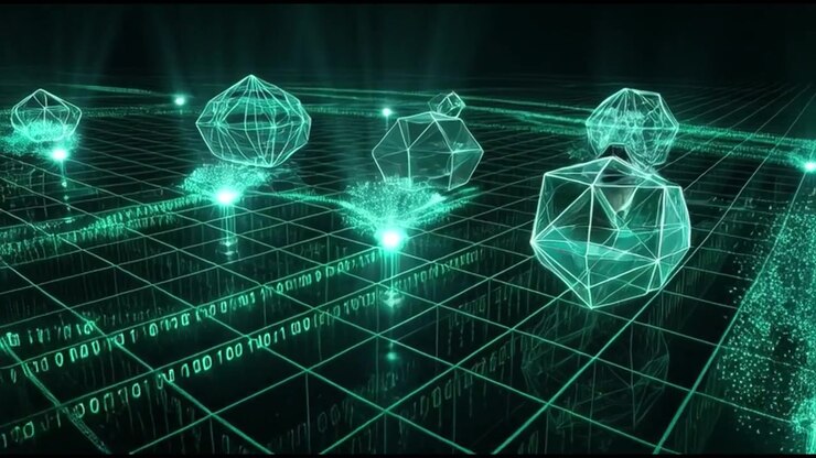 Digital Data Network Visualization with Geometric Nodes and Binary Code