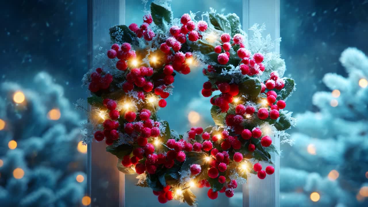 A Beautiful Frosty Wreath Decorated with Red Berries and Lights, Perfect for the Holiday Season, Enhancing the Warmth and Cheer with a Wintery Background of Falling Snowflakes and Festive Ambiance
