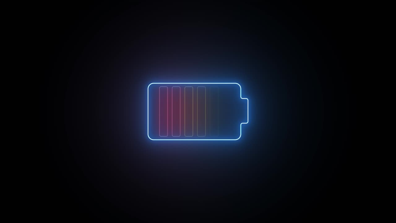 Icona batteria al neon blu, appare su sfondo scuro, che simboleggia tecnologia, energia e digitale