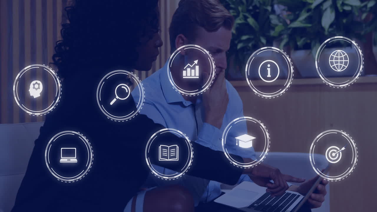 Animation of network of connections with icons over diverse business people using laptop