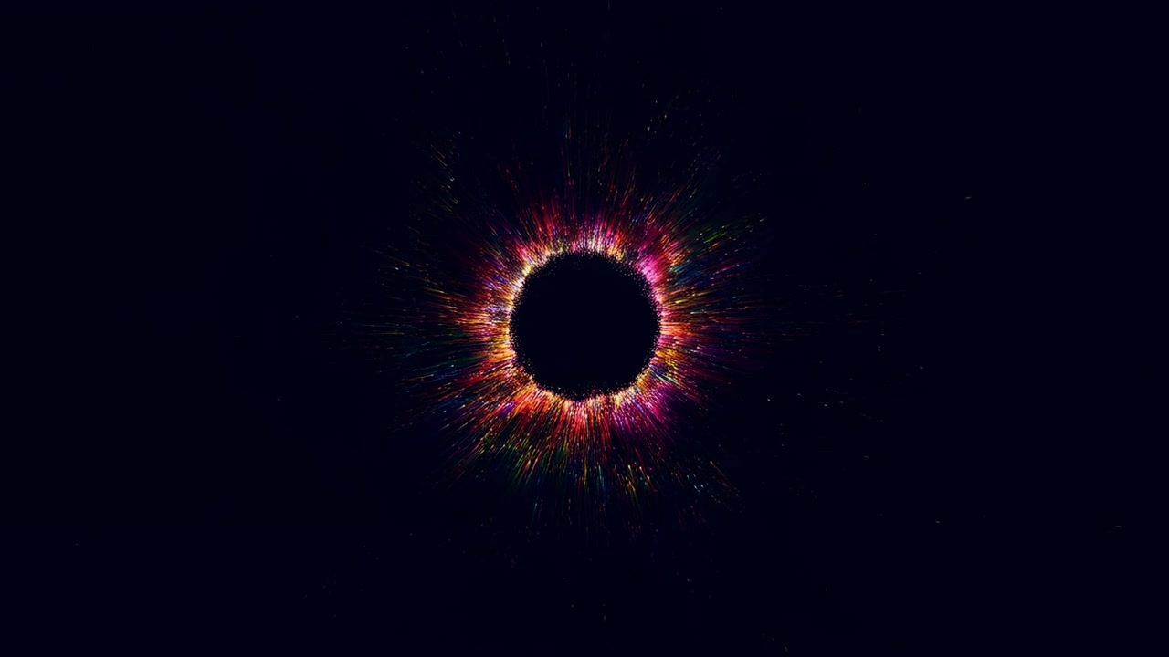 Centered circular void formed by a multicolored burst of neon light rays and sparks radiating outward against a dark black backdrop. Fine radial streaks in red
