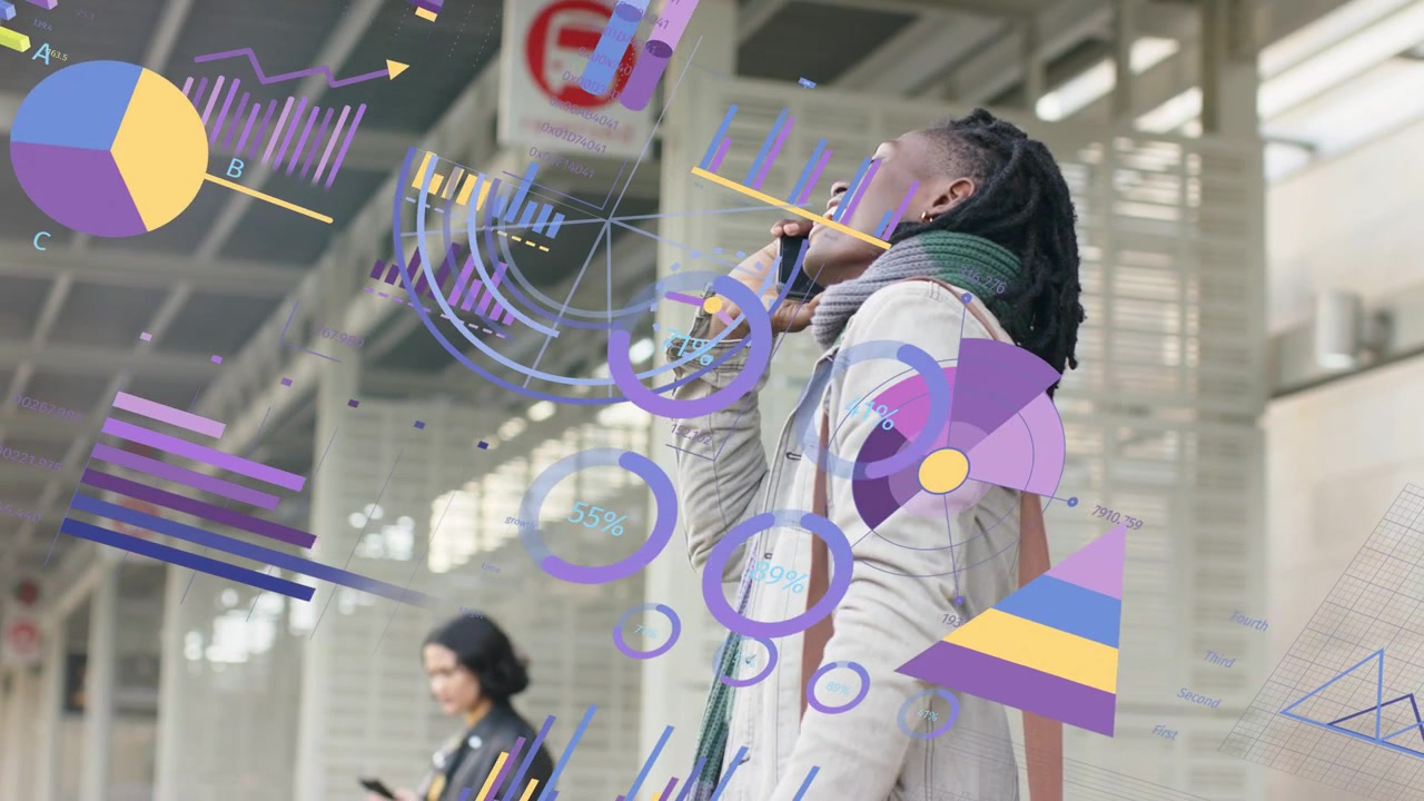 Woman raising smartphone, calling at transit stop, data charts growing and causing laughter